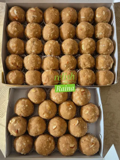 Two boxes of Gond Laddoos, one of my highest-selling varieties. They are especially popular for new mothers postpartum or for anyone needing an energy boost.