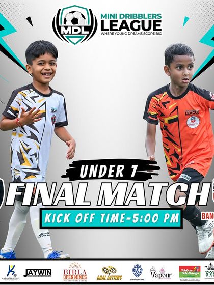 The final showdown! A match poster for the U7 Final of the MDL Tournament between Super Kicks FC and Bangalore City FC.