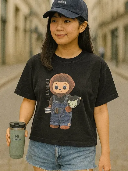 Check out the latest drop from our super popular Labubu collection. This black graphic t-shirt features the iconic character in cute denim overalls, making it a must-have for any fan. It's a versatile piece of character merchandise that pairs perfectly with denim shorts for a casual, everyday street style look.