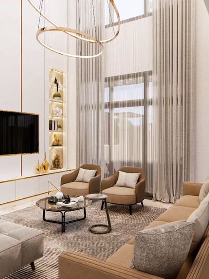 Another view of the Odion Woods living room, highlighting the large windows and sheer curtains that allow for ample natural light.