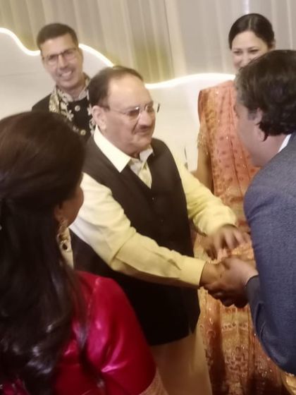 A privilege to greet Mr. JP Nadda, President of the BJP, at a recent family event we catered. We ensure every guest, especially our esteemed dignitaries, receives impeccable service.