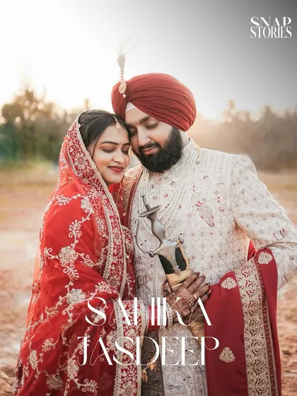 A serene and powerful portrait of a Sikh couple, showcasing their traditional wedding attire against a soft, natural background. Our expertise in cultural weddings ensures every detail is captured with respect and artistry.