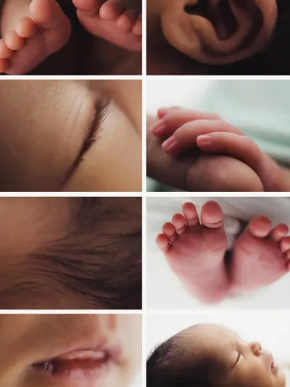 We focus on the tiny details you will want to remember forever. This collage shows our macro photography of delicate eyelashes, tiny toes, wispy hair, and the grasp of a little hand.