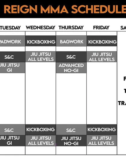 Our updated training schedule. We offer a comprehensive program including Kickboxing, Jiu Jitsu, S&C, and dedicated Fight Team training throughout the week.