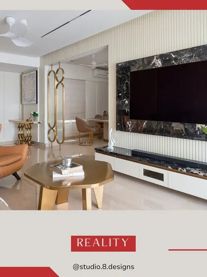 We believe in delivering exactly what we promise. This image is the final, real-life version of one of our living room designs, showing how we translate a 3D render into a tangible, beautifully crafted space, right down to the black marble TV panel and fluted wall details.