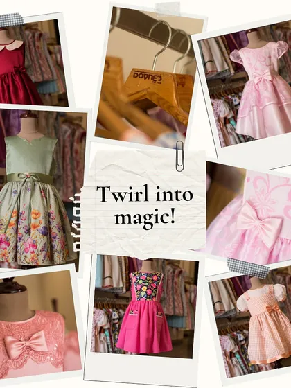 A collage showcasing a variety of my dress designs, from a red dress with a Peter Pan collar to floral prints and pink party dresses. It's a great overview of my work.