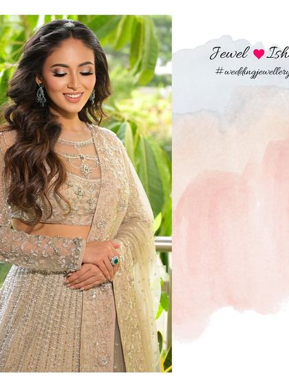 A full view of this elegant reception look. The statement emerald jewellery adds a touch of colour and luxury to the embellished lehenga, creating a look that is both modern and timeless.