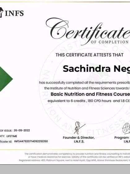 My certificate for the Basic Nutrition and Fitness Course from the Institute of Nutrition and Fitness Sciences (INFS).