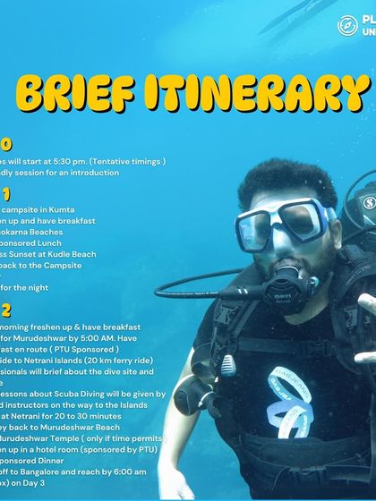 The itinerary for our Netrani Island scuba diving trip, a perfect blend of beach exploration and underwater adventure.