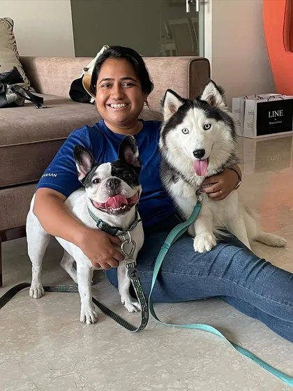 A happy pack! Here I am with a French Bulldog and a Siberian Husky during a multi dog household consultation. My goal is to create harmony and structure, ensuring all dogs feel secure and understand their place.