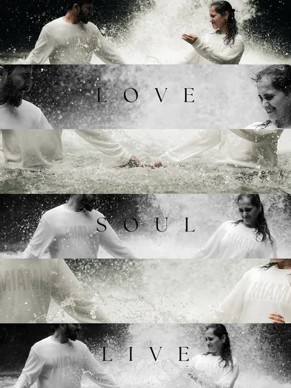 A cinematic, black and white collage that tells a story of love, soul, and life. The use of text and multiple frames creates a dynamic and emotional narrative of their waterfall shoot.