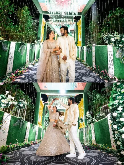 A mix of a loving glance and a playful twirl. This diptych shows both the romantic and fun sides of the couple's personality during their Sangeet night.