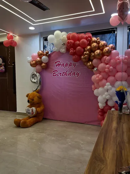 This view shows how the decoration transforms the corner of a room into a festive party zone.
