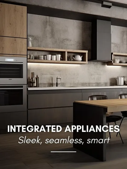 Integrated appliances are sleek, seamless, and smart. In this industrial-style kitchen, the ovens are built directly into the cabinetry, creating a clean look that complements the wood and concrete textures.