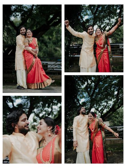 A collage of the happy couple, capturing their playful and romantic moments in a lush, green outdoor setting.