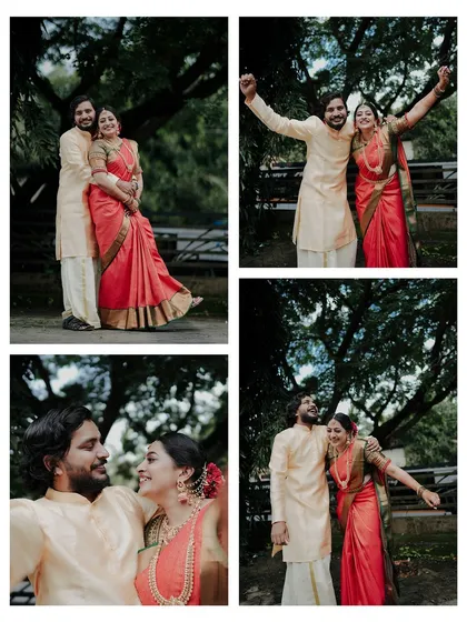 A collage of the happy couple, capturing their playful and romantic moments in a lush, green outdoor setting.