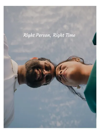 An artistic, low-angle shot of the couple against the sky, with the words "Right Person, Right Time." This creative portrait from their Udaipur pre-wedding shoot is simple yet powerful.