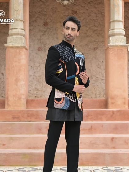 Another angle of the abstract art bandhgala, showing how the design wraps around the body for a complete look.