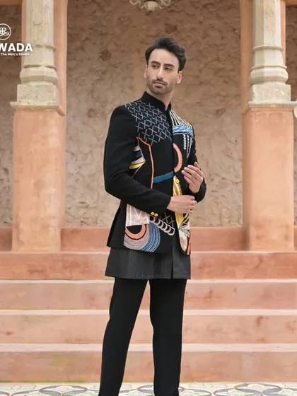 Another angle of the abstract art bandhgala, showing how the design wraps around the body for a complete look.