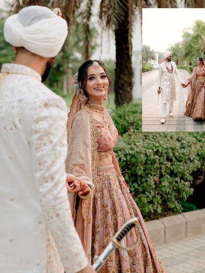 A creative "follow me to" style shot, with the bride leading her groom, looking back at the camera with a beautiful smile.