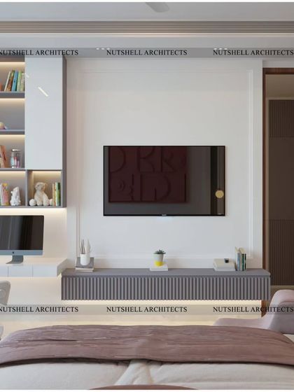 We designed this bedroom for a teenager, incorporating a stylish study area with backlit shelving. The color palette is soft and inviting, with a feather-adorned floor lamp adding a touch of playful glamour.