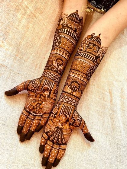 A full view of the bridal design, highlighting the beautiful symmetry and flow of the patterns.