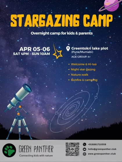 The official poster for our Pune and Mumbai stargazing camp, outlining the weekend's activities from a nature walk to camping under the stars.