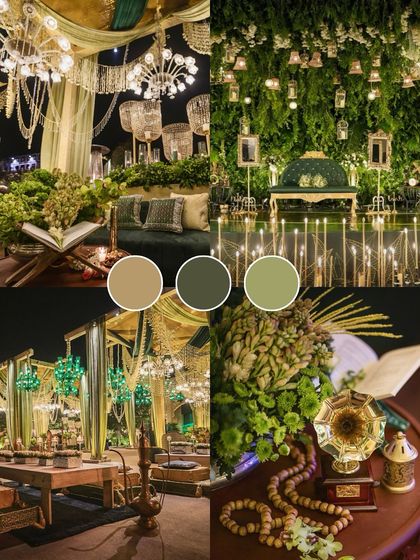 An elegant and earthy color palette of sage green and muted gold. This mood board is perfect for an enchanted forest theme or a sophisticated, nature-inspired reception.