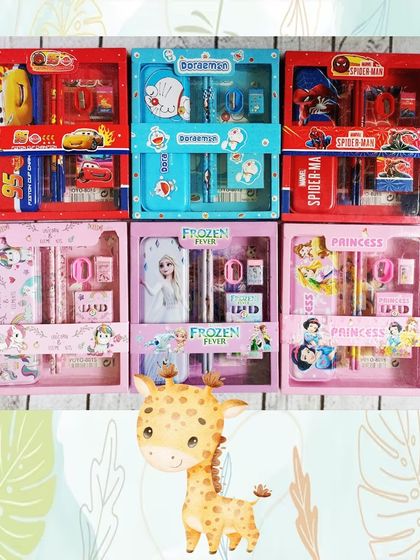 A selection of the character stationery sets that can be paired with the piggy banks, including Cars, Doraemon, Spider-Man, and Princesses.