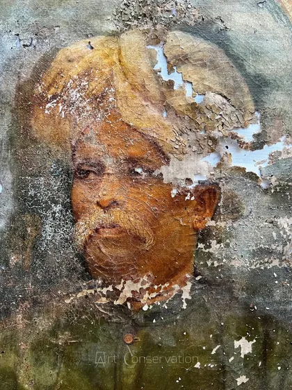 A close-up view of severe paint peeling on an old canvas. This shows the extent of damage I can handle, where large sections of the original artwork are missing and the canvas is exposed.