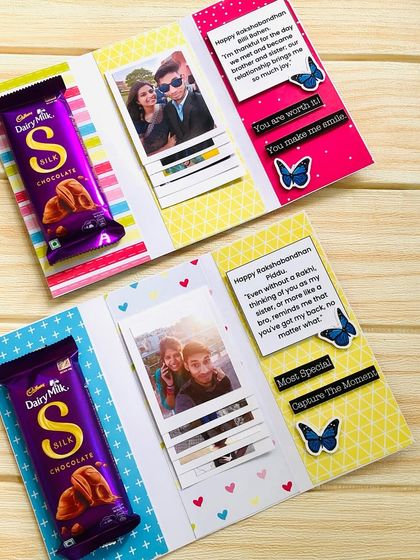 The inside of the Rakhi card, showing the waterfall of photos and the attached Cadbury Silk chocolate.