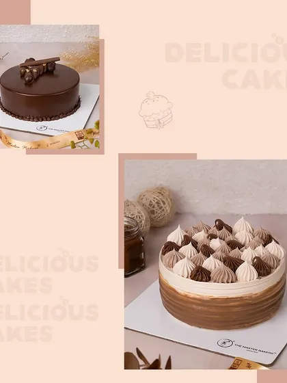 A showcase of two of our most popular chocolate cake designs. On the left, a classic chocolate truffle cake, and on the right, our elegant choco caramel cake with piped frosting.