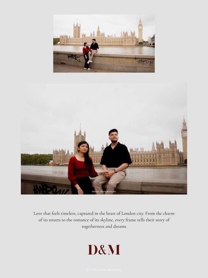 A collage capturing the scale and romance of a pre-wedding shoot in London, from wide architectural shots to intimate moments.