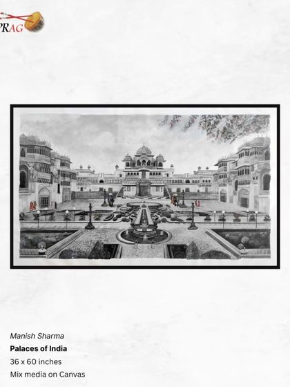 'Palaces of India' by Manish Sharma, a grand architectural painting rendered in his signature mixed-media style.