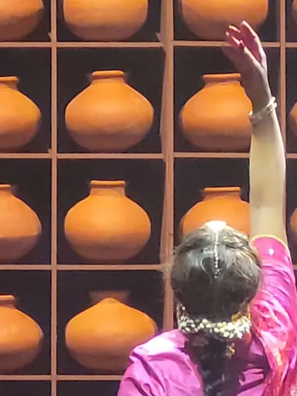 A beautiful shot of the dancer against the pot installation, a visual metaphor central to the story of Sohni and Mahiwal.