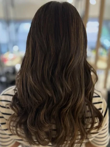 A classic two-tone highlight blend in a honey beige shade. This is a timeless look that adds warmth and brightness to the hair.