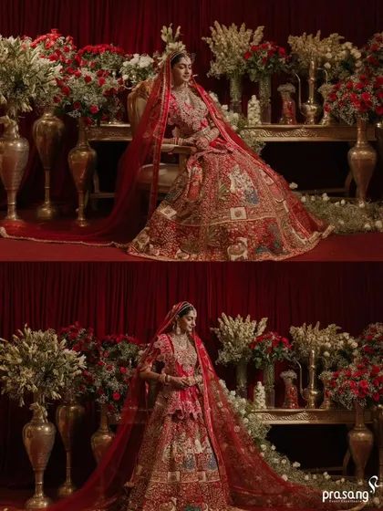 A diptych showing the bride in her full regal splendor. I create stunning photo opportunities with opulent backdrops of red roses and antique brass vases, allowing the bride's magnificent lehenga to be showcased in all its glory.