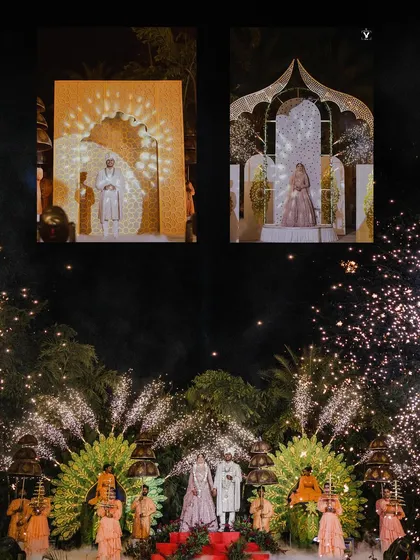 A spectacular collage of the couple's entrance and varmala ceremony. The grand stage, peacock-themed decor, and fireworks create a truly unforgettable visual spectacle.
