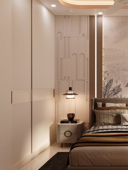 A close-up of a bedroom's textured wall paneling and sliding wardrobe, showcasing a blend of modern and artistic details.