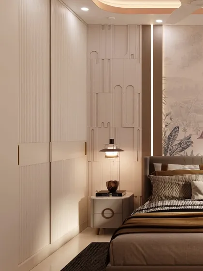 A detail shot of the custom wardrobe and textured wall paneling, demonstrating a blend of contemporary sophistication and comforting warmth.