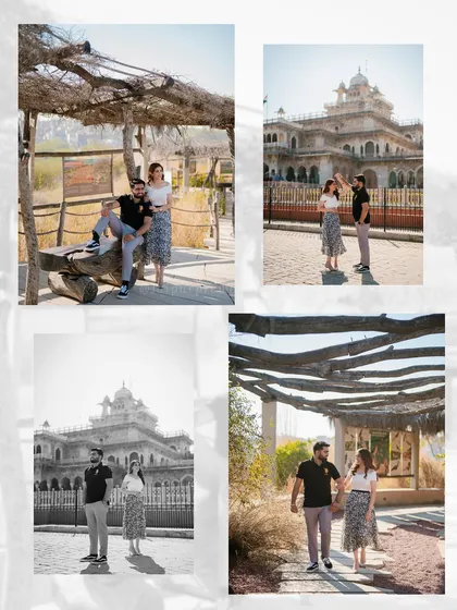 A collage showing Vinay and Ankita at both a rustic nature park and the grand Albert Hall Museum, demonstrating the variety of locations we can cover in a single day.