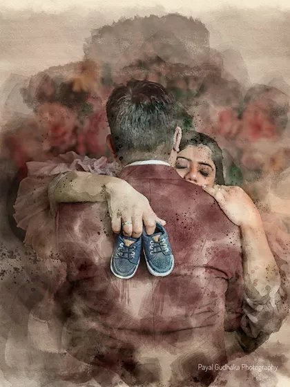 A maternity photo transformed into a watercolor painting. This digital art piece captures the emotion of the moment in a soft, expressive, and unique style.