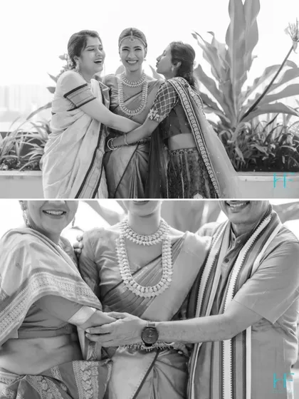 A collage of joyful black and white family moments, showing the bride being embraced by her mother, sister, and parents.