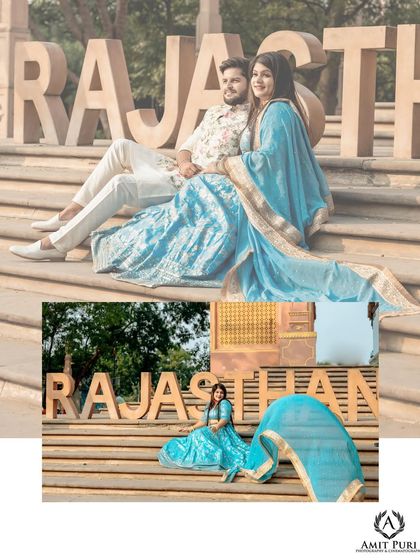 A fun and unique shot incorporating a large "Rajasthan" sign into the pre-wedding photos. The bride's flowing blue lehenga adds a beautiful splash of color to the scene.