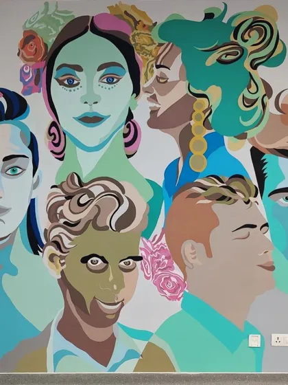 A colorful portrait mural for Arete Hospitals in Hyderabad, based on the brief "I choose to be happy." The artwork is a composite of imagined strangers, celebrating the beauty and kindness found in chance encounters.