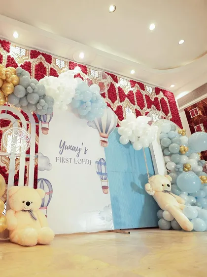 A side view of the backdrop, showing the teddy bears nestled among the balloons and clouds.