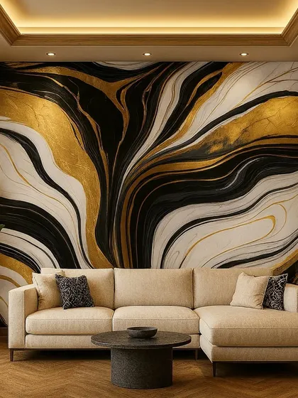 For a bold and dramatic statement, we used this abstract 3D wallpaper with flowing black, white, and gold marble patterns. It's a perfect choice for a modern living room, adding energy and a high-end artistic feel behind the sofa.