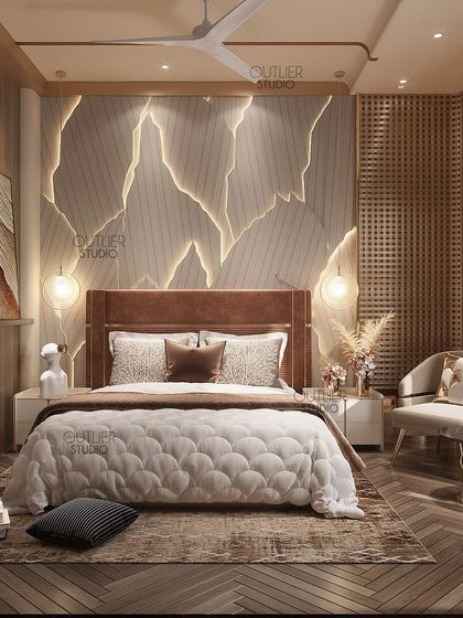 With soothing neutral tones of beige, off-white, and other natural elements, every inch of this space is curated for pure relaxation. The backlit headboard with a wave-like pattern adds a unique, artistic touch.