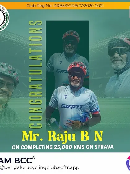 Congratulations to Raju B N on completing 25,000 kms on Strava. Your passion for cycling is evident in every kilometer.