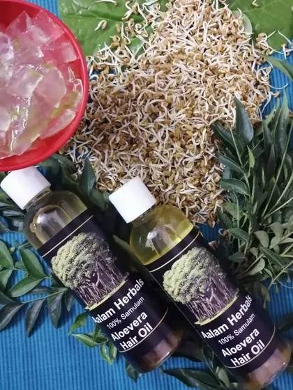 My Aloevera Hair Oil, pictured with fresh aloe, fenugreek sprouts, and curry leaves. This oil is handmade to reduce body heat, add shine, and promote healthy growth.
